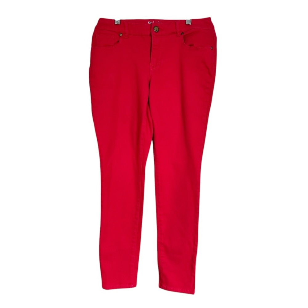 Style & Co Women’s Sz 8 Petite Jeans Red Curvy Skinny Leg Stretch Mid Rise Denim